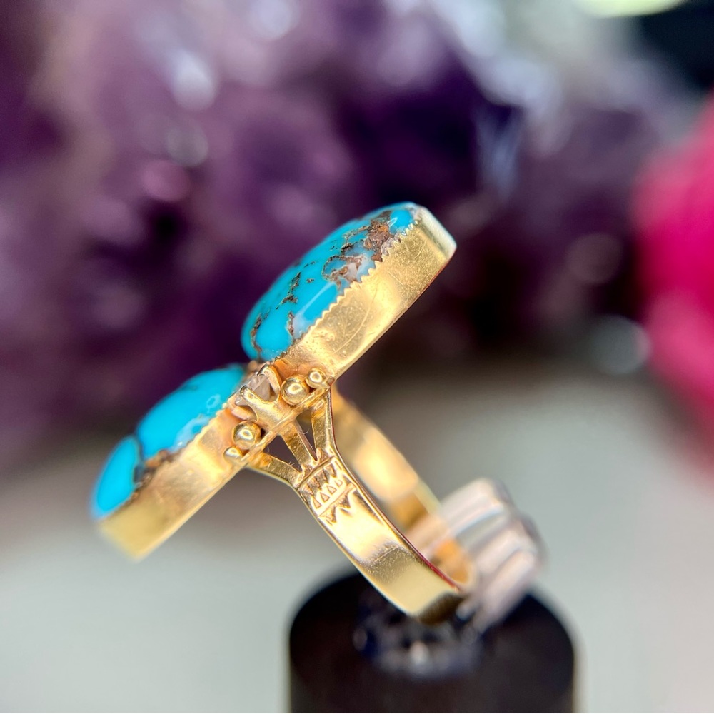 Vintage 14k Yellow Gold Turquoise Diamond Ring - Picture 7 of 15